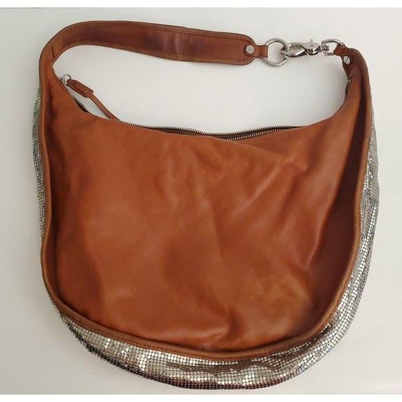 G Series by Cole Haan Saddle Leather and Silver Mirror Mesh Hobo Purse Handbag - Picture 16 of 16